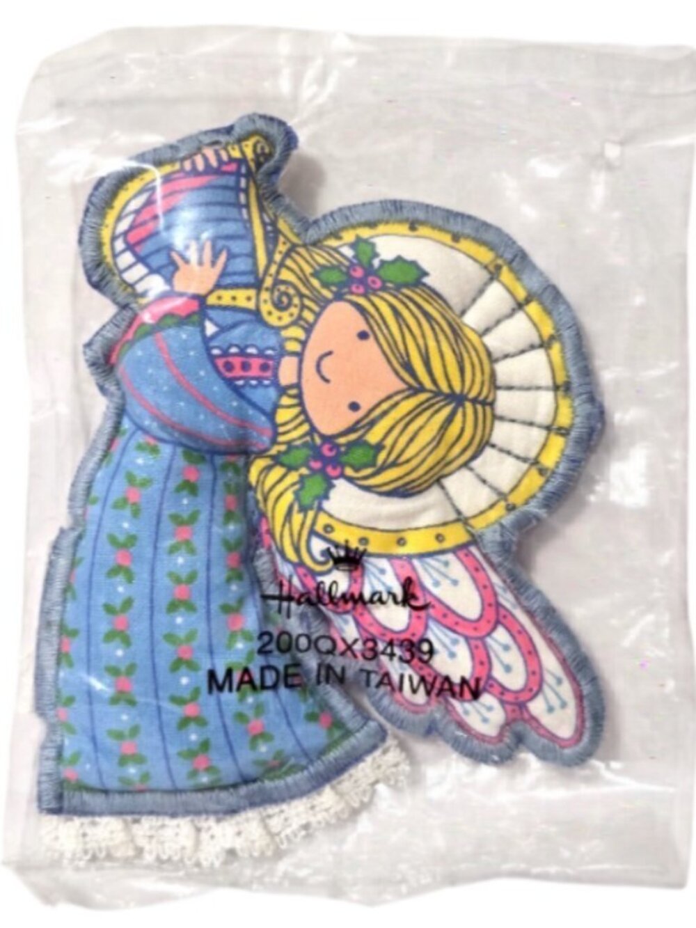Vintage Hallmark Angel Plush Fabric Ornament 1980s 4" Blue Dress Lace QX3439 NIP